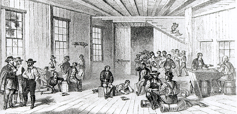 National Hotel where proslavery leader Colonel Henry Titus, on the left, is reading a letter to the Free State prisoners trying to recruit them to join him in a filibustering expedition to Nicaragua
