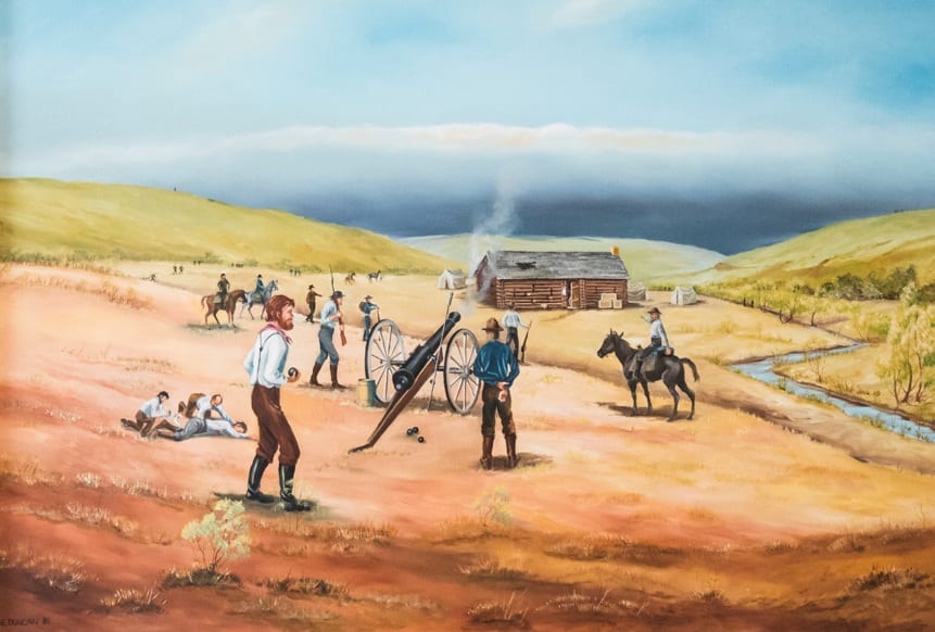 Original painting of the Battle of Fort Titus by Ellen Duncan, at the Territorial Capital Museum in Lecompton, Kansas.